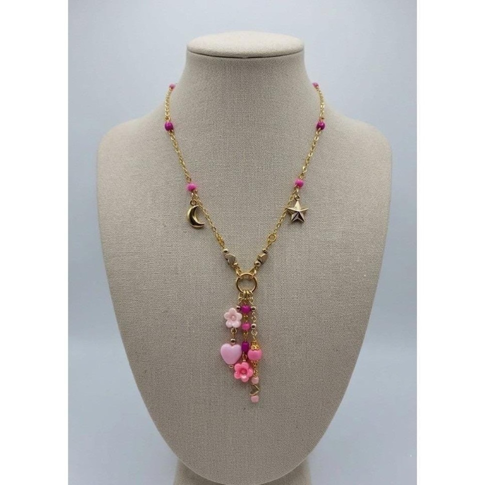 Handmade Necklace Gold Toned Stainless Steel Pink Floral Heart Y-Shape 21"